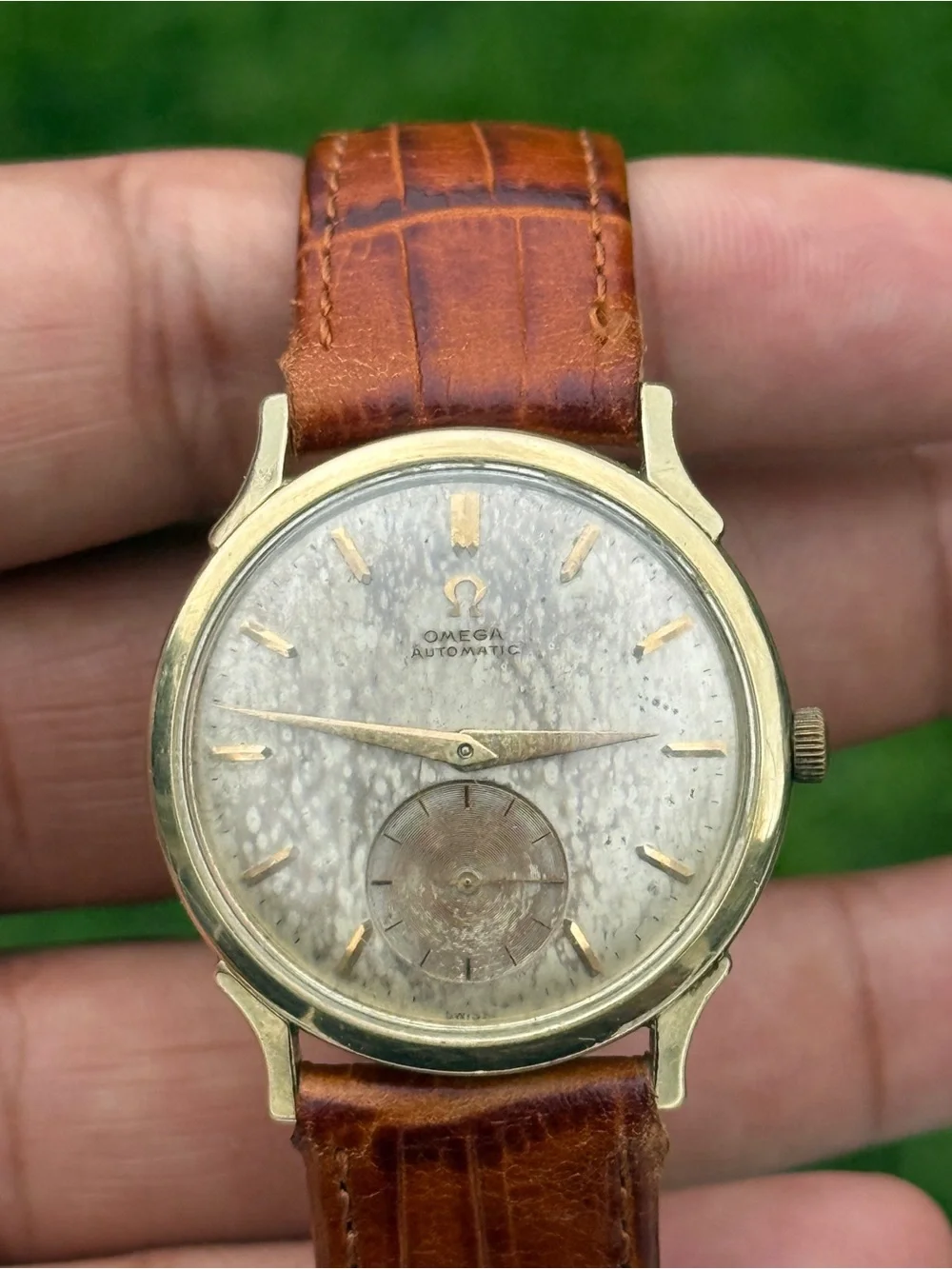 Omega vintage patina dial Men's Automatic 14k Gold filed rare find watch